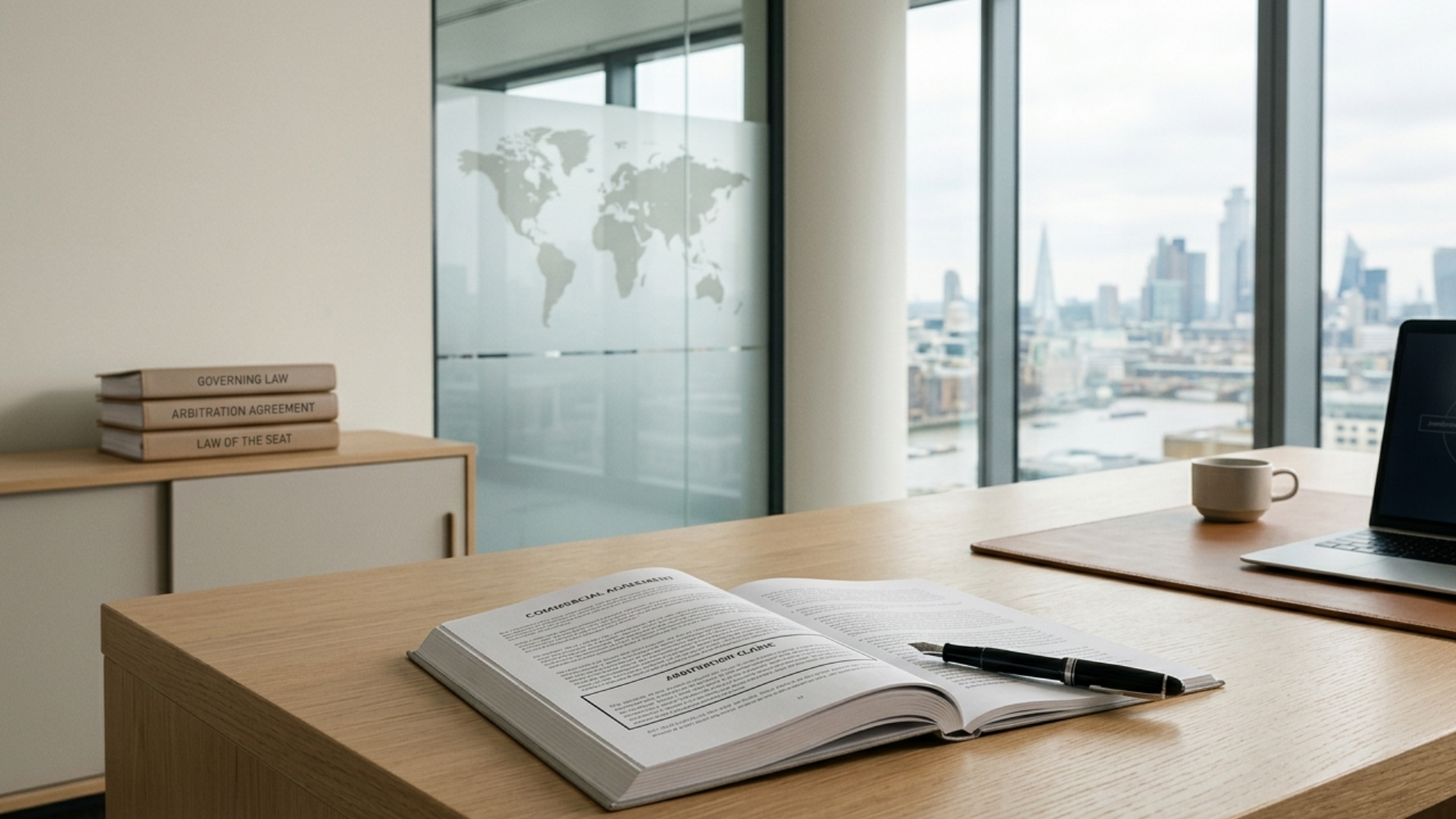 Legal desk with open commercial agreement showing an arbitration clause, books on governing law and law of the seat, and a city skyline in the background