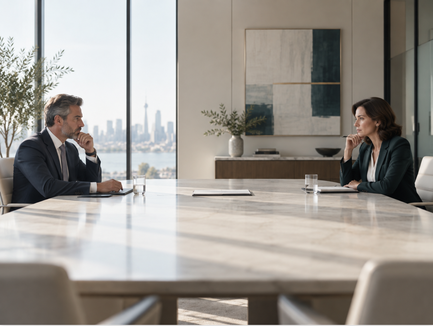 Two business partners seated across a long conference table in a Toronto office, the CN Tower visible through the window