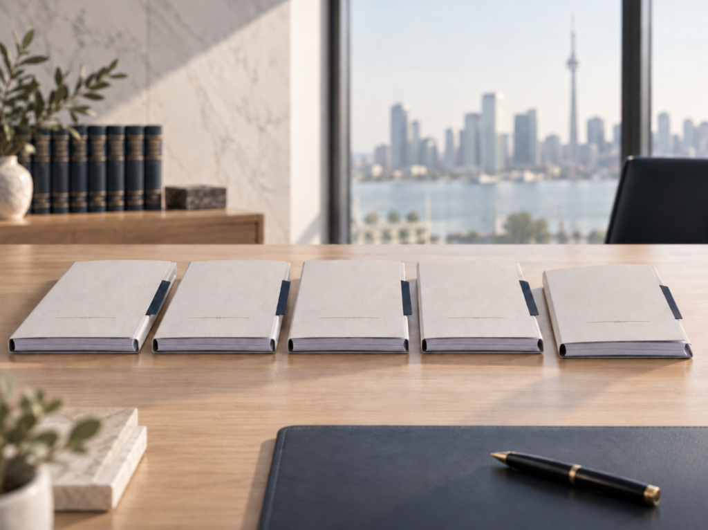 Five bound case files on a Toronto boardroom table, representing five Canadian court decisions on setting aside an arbitral award