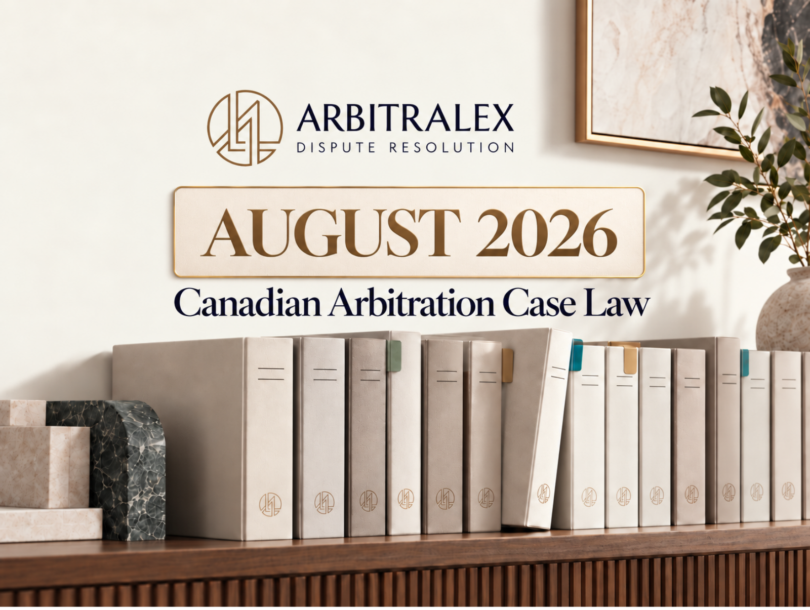 ArbitraLex cover for the Canadian arbitration case law monthly review, August 2026, showing bound case files on a shelf